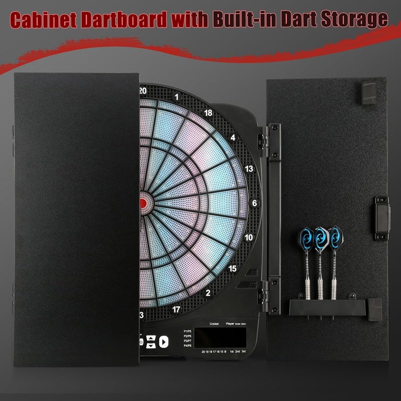 PAETAE Electronic Dart Board Cabinet Set, Illuminated Target Dartboard for Adults, 48 Games with 315 Variations Soft Tip Digital Dartboard Cabinets with 6 Darts, 100PCS Soft Tips - Image 5